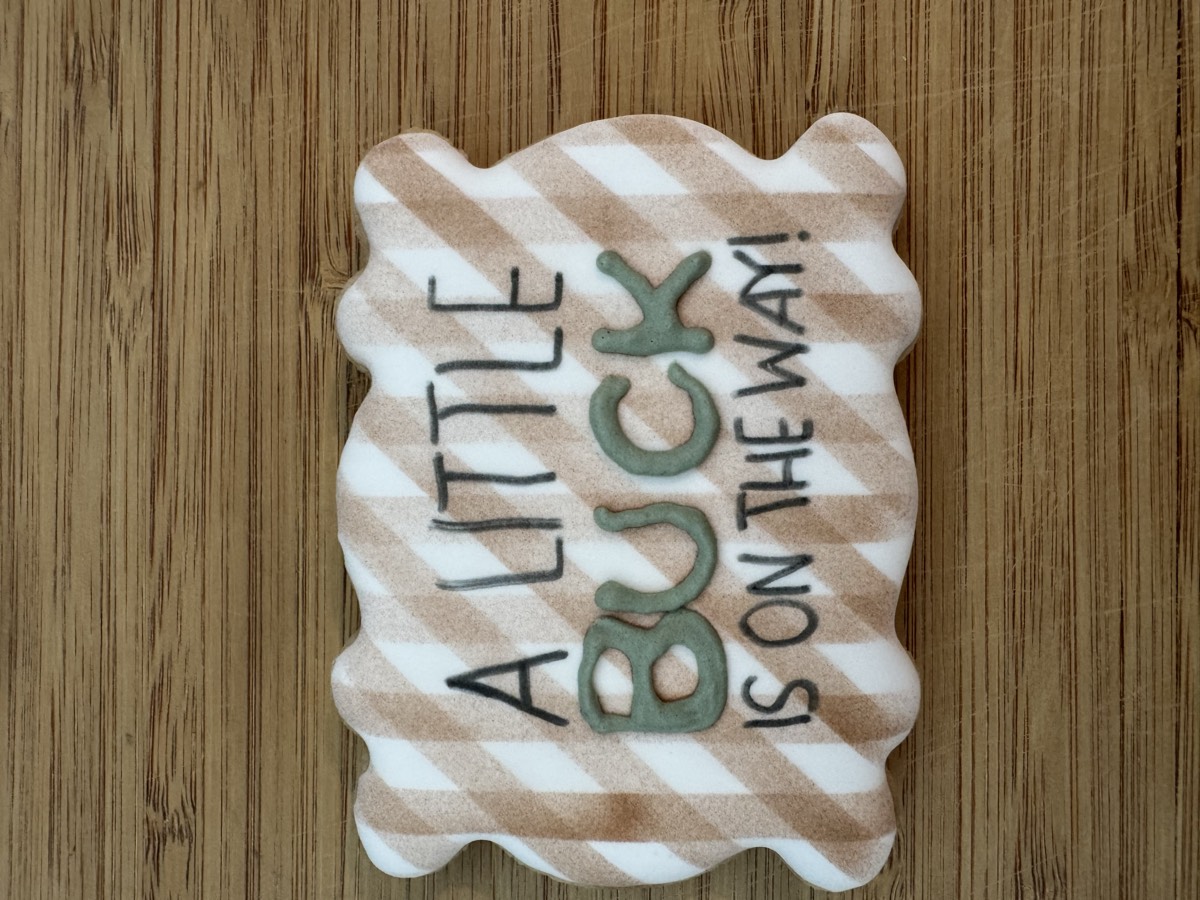 A tan and white plaid decorated sugar cookie reading "A little buck is on the way!" for a woodland-themed baby announcement