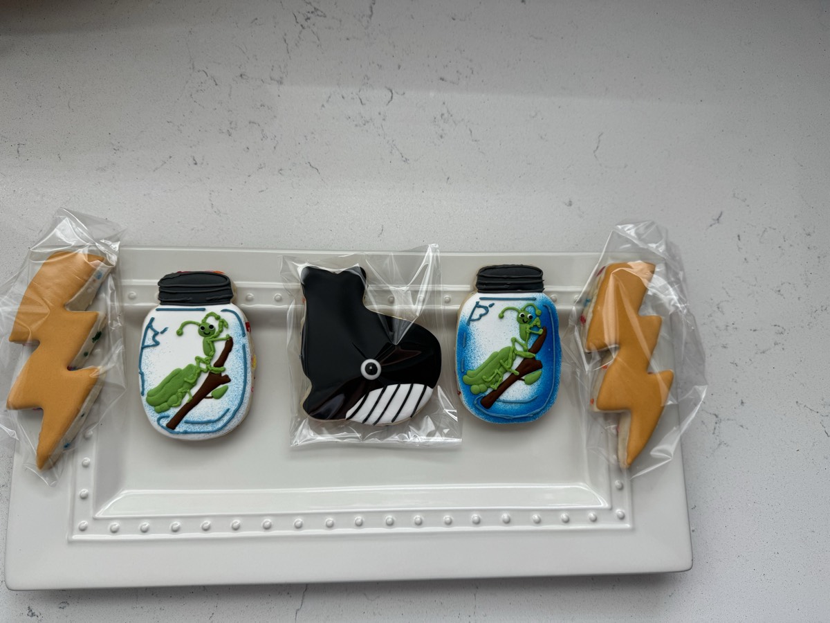 Individually wrapped decorated sugar cookies including gold lightning bolts, mason jars with a green potion, and a silver wolf head